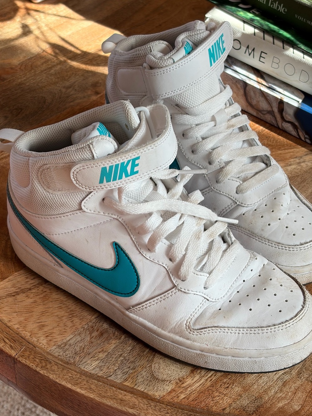 Nike Kids White Mid-Top Sneakers with Teal Swoosh